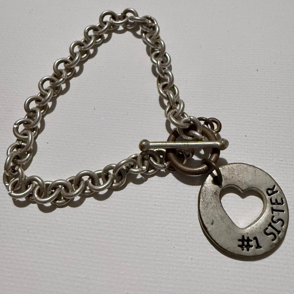 Vintage #1 sister chain bracelet with barbell closure. Printed on both sides
